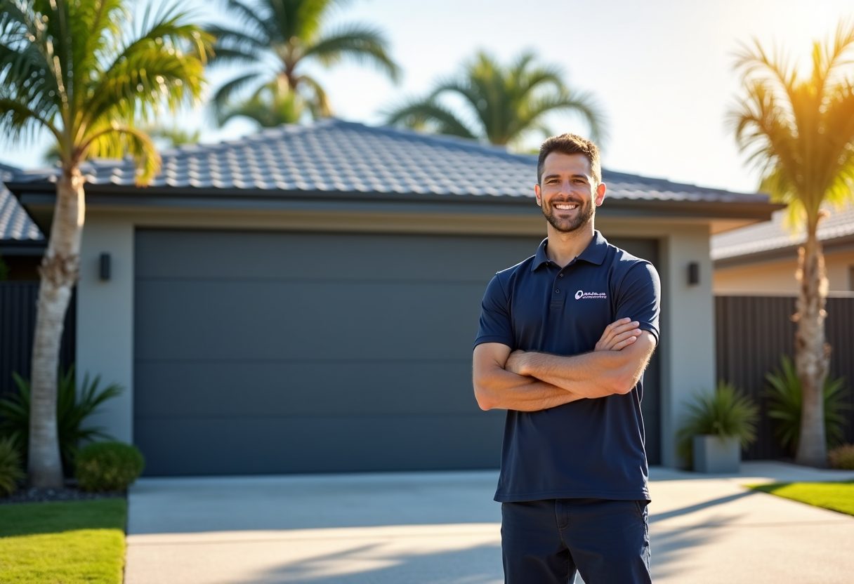 Technician beside a newly installed sectional garage door — Moorooka